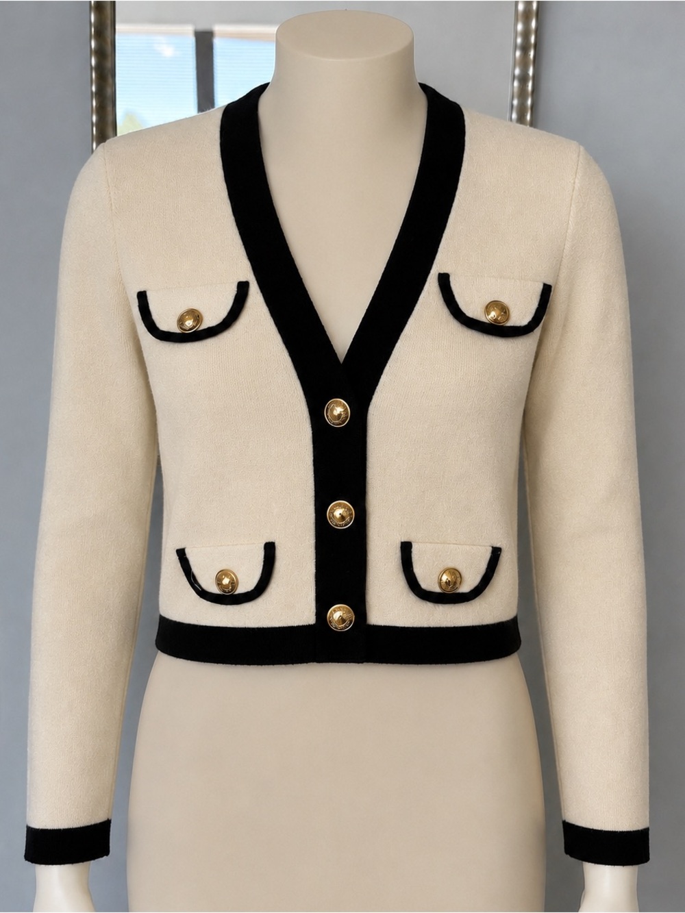 NWT Women’s Express Cream Cardigan with Black Trim and Gold Buttons XS